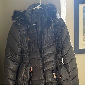 Women's Black Puffer Jacket with Faux Fur Hood
